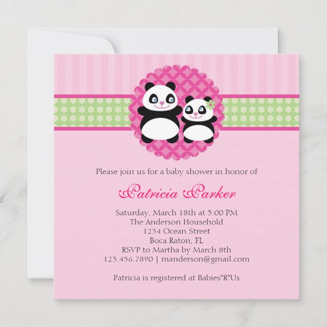 Invitation de baby shower de fille d'ours panda (Devant)