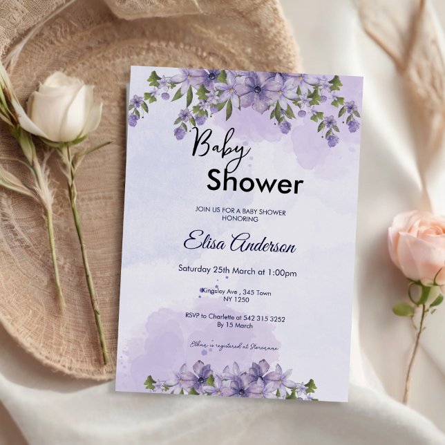 Invitation de Baby shower de fille florale violett (Purple Floral Girl Baby Shower Invite)