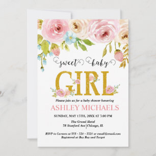 Invitation de Baby shower de fille rose Floral or