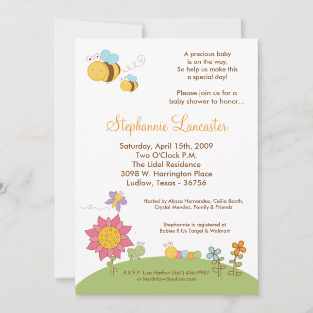 invitation de baby shower de fleurs d'insectes du (Devant)