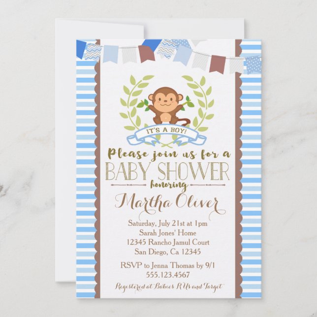 Invitation de baby shower de garçon de singe (Devant)