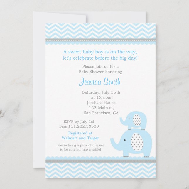 Invitation de baby shower de garçon d'éléphant (Devant)