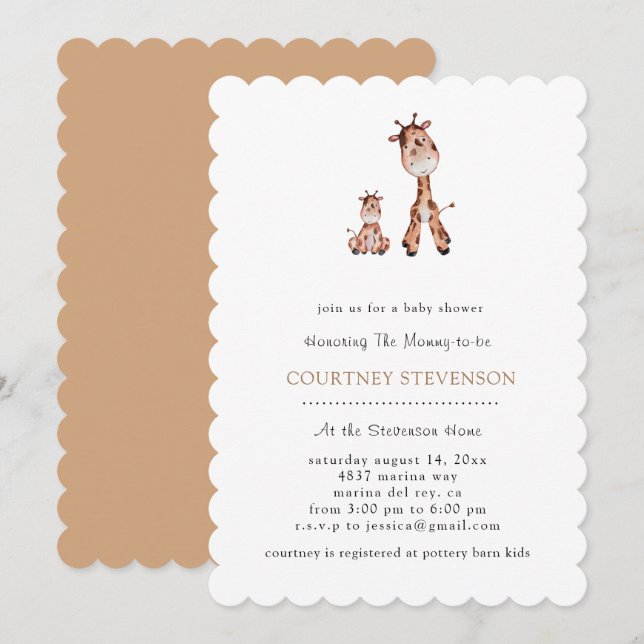 Invitation de Baby shower de girafe trop mignonne (Devant / Derrière)