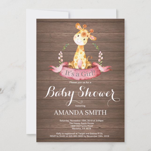 Invitation de Baby shower de Giraffe Rustique (Devant)