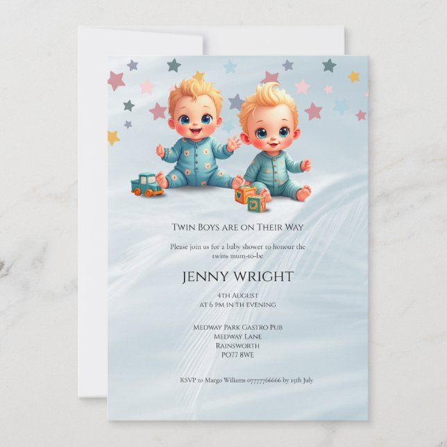 Invitation de Baby shower de jumeaux de garçon mig (Devant)