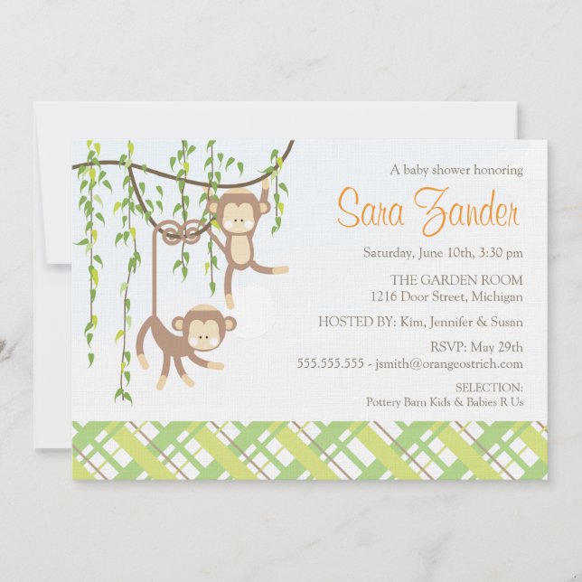 Invitation de baby shower de jumeaux - singes (Devant)