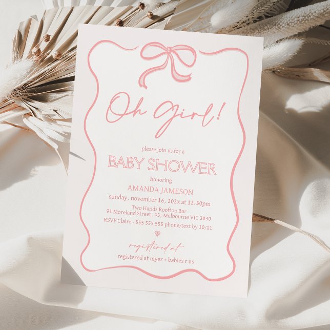 Invitation de Baby shower de la béquille rose mode (Whimsical Pink Bow baby Shower Invitation, Simple Bow Themed Baby Shower Invitation For Baby Girl.)
