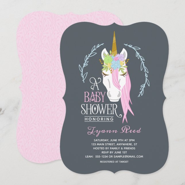 Invitation de Baby shower de la licorne élégante (Devant / Derrière)