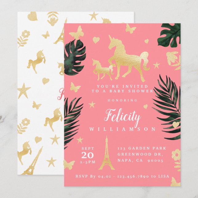 Invitation de Baby shower de la licorne tropicale  (Devant / Derrière)