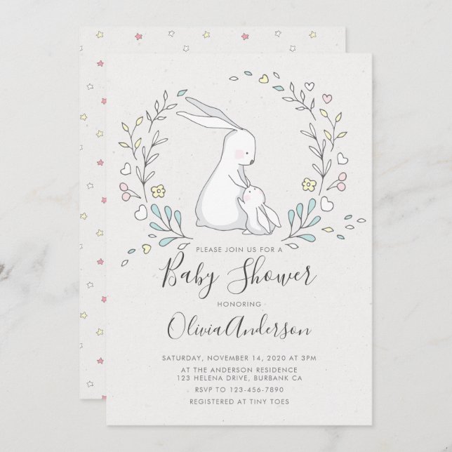 Invitation de Baby shower de lapin mignon (Devant / Derrière)