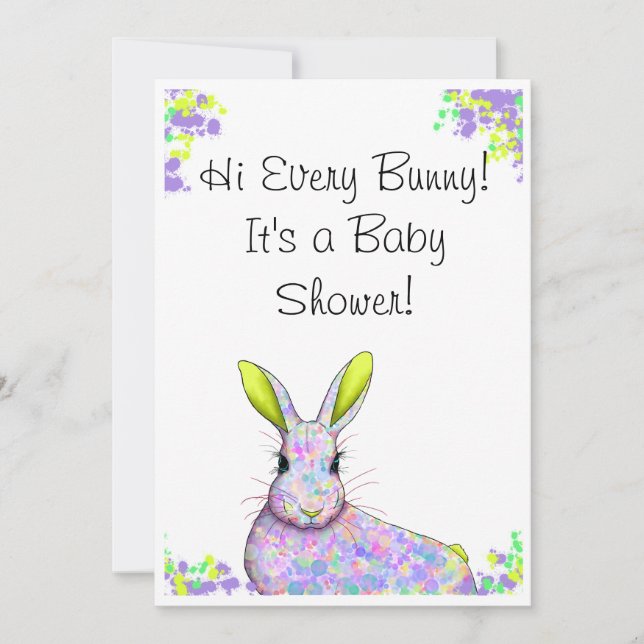 Invitation de Baby shower de lapin pourpre et jaun (Devant)