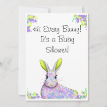 Invitation de Baby shower de lapin pourpre et jaun