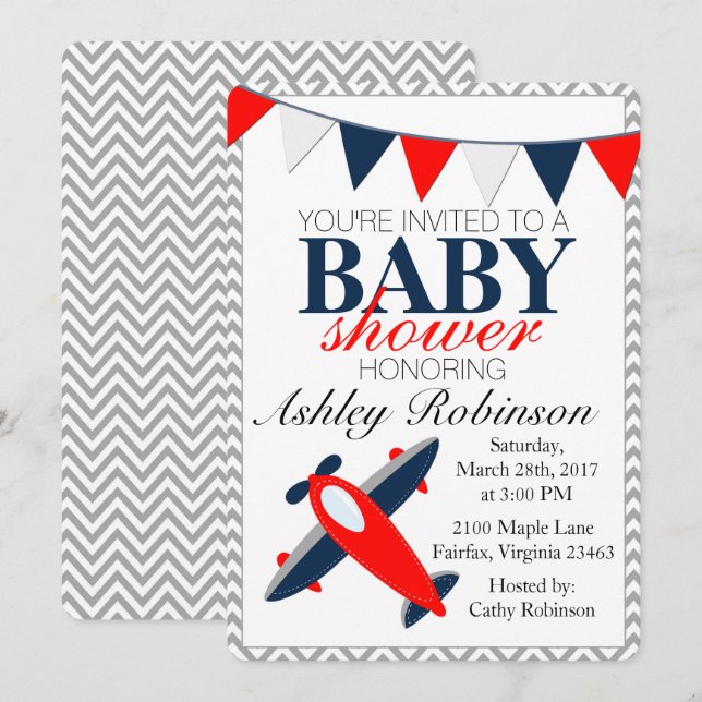 Invitation de baby shower de l'avion | (Devant / Derrière)