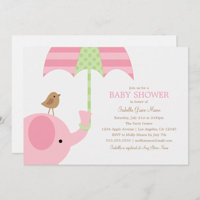 Invitation de baby shower de l'éléphant de roses (Devant / Derrière)