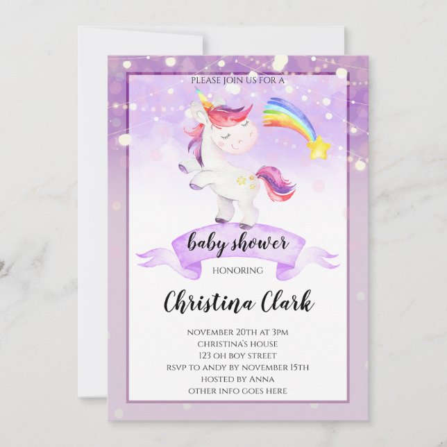 Invitation de Baby shower de l'Unicorne mauve (Devant)