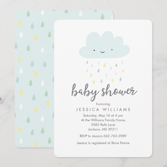 Invitation de Baby shower de nuages pluvieux migno (Devant / Derrière)