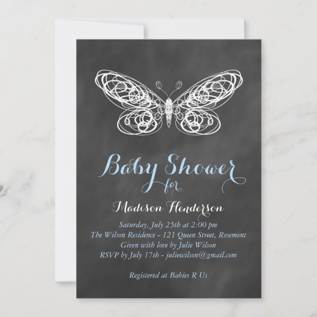Invitation de Baby shower de papillon - bleu (Devant)