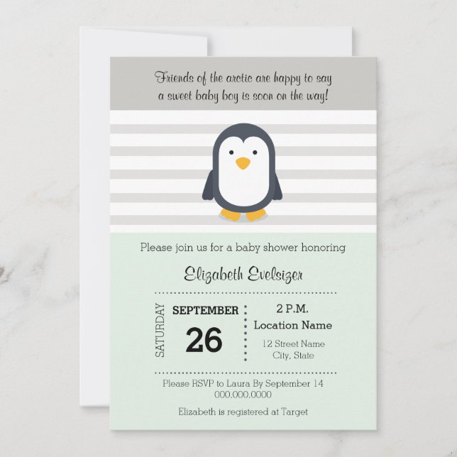 Invitation de Baby shower de pingouin gris de ment (Devant)