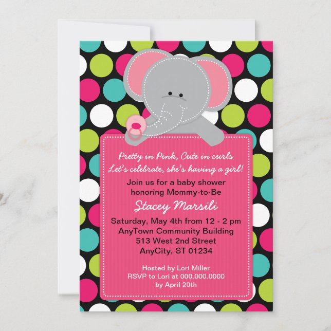Invitation de baby shower de Polkadot d'éléphant (Devant)