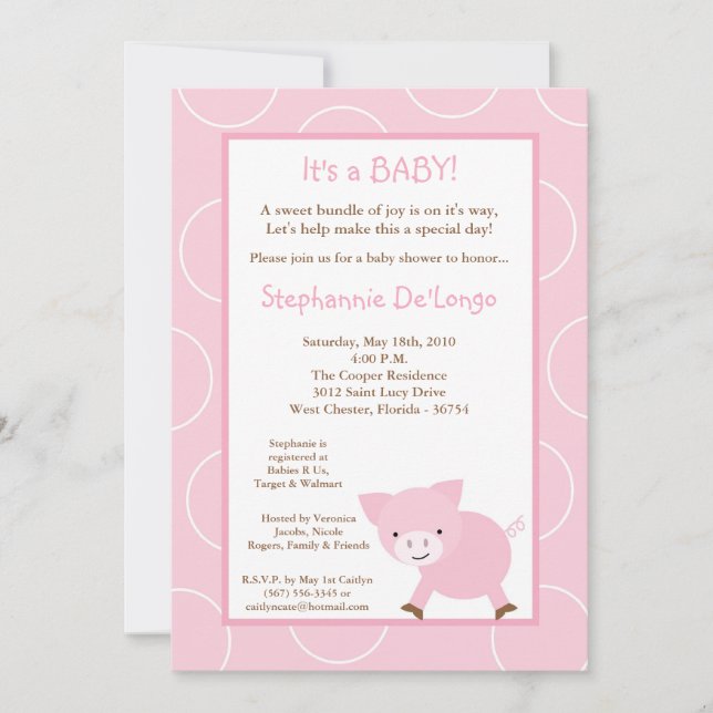 invitation de baby shower de porc de rose d'animal (Devant)