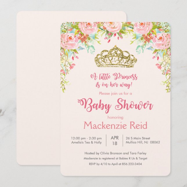 Invitation de baby shower de princesse Floral (Devant / Derrière)