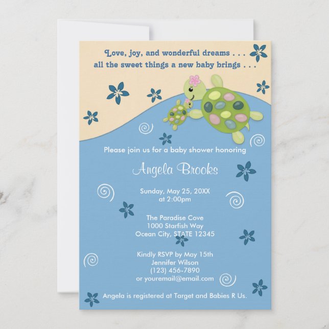 Invitation de Baby shower de récif de tortue Fille (Devant)