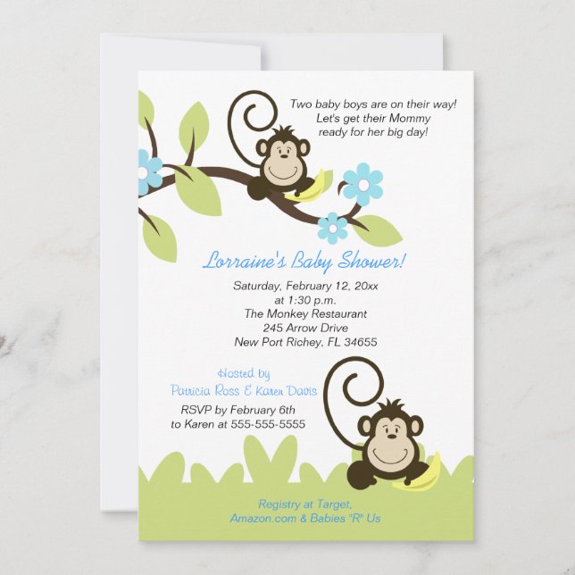 Invitation de Baby shower de singe jumeau (Taille  (Devant)