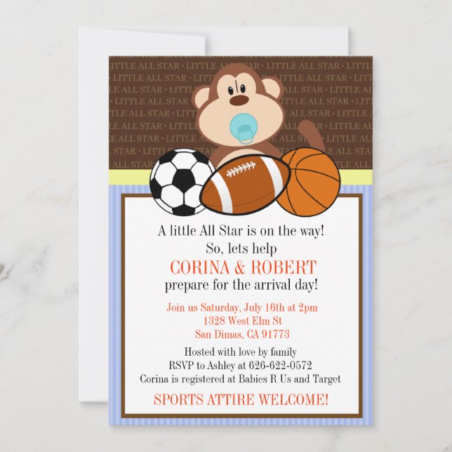 Invitation de Baby shower de singe sportif (Devant)