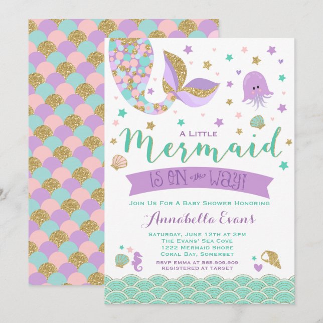 Invitation de Baby shower de sirène Turquoise Purp (Devant / Derrière)