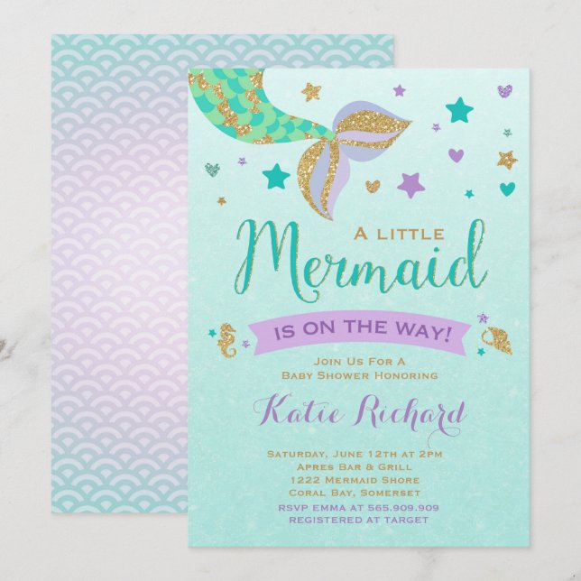 Invitation de Baby shower de sirène Turquoise Purp (Devant / Derrière)