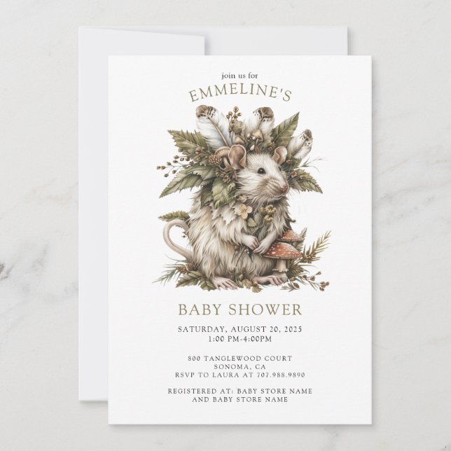 Invitation de Baby shower de souris de forêt encha (Devant)