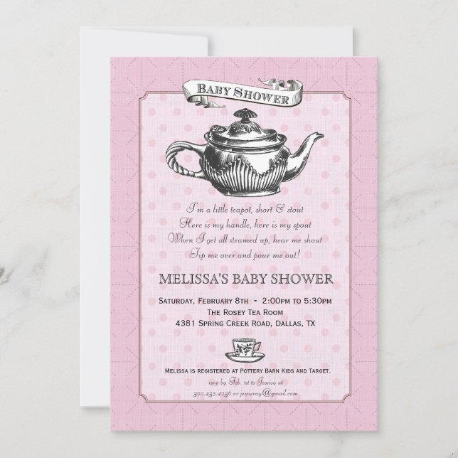 Invitation de baby shower de temps de thé - rose (Devant)