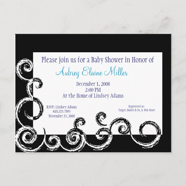 Invitation de Baby shower de tourbillon noir et bl (Devant)