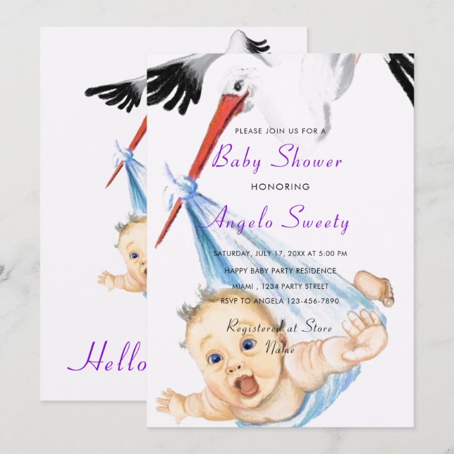 Invitation de Baby shower de transport de la cigog (Devant / Derrière)