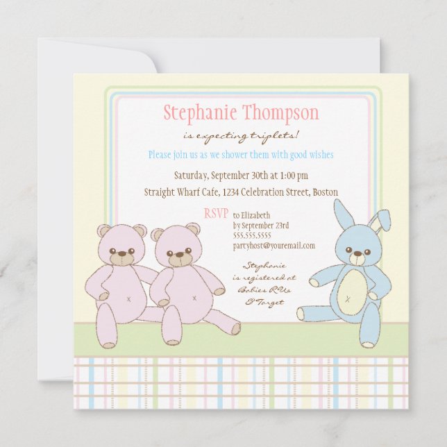 Invitation de baby shower de triplets de nounours (Devant)