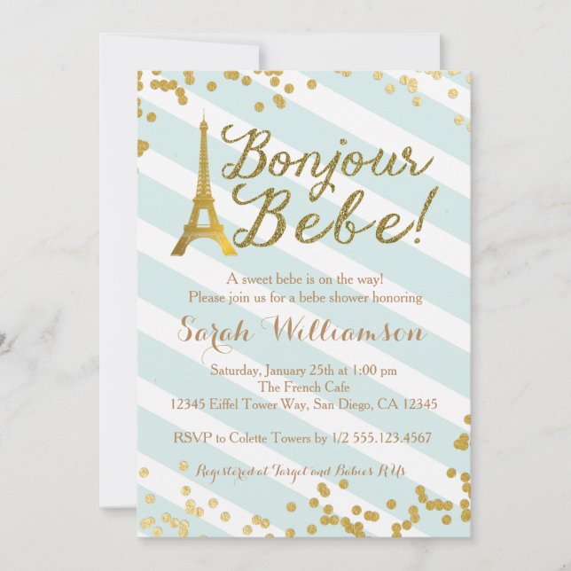 Invitation de baby shower de vert de Bonjour Bebe (Devant)