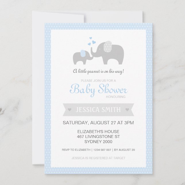 Invitation de baby shower d'éléphant - bleu (Devant)