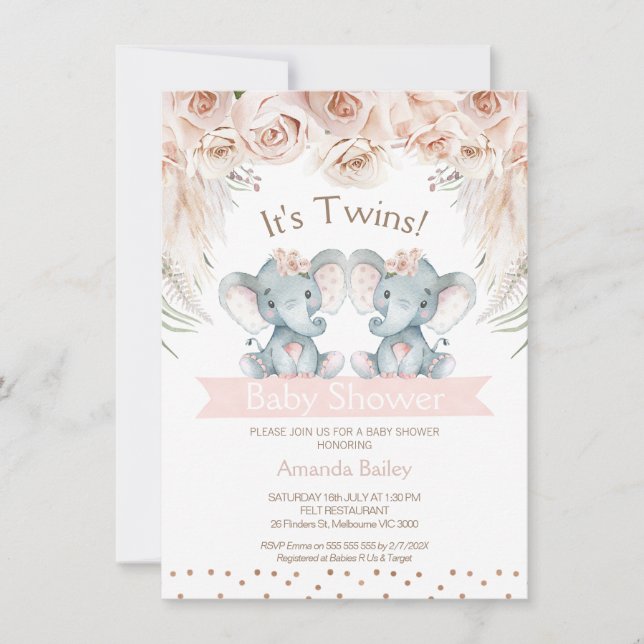 Invitation de Baby shower d'éléphant Boho Floral T (Devant)