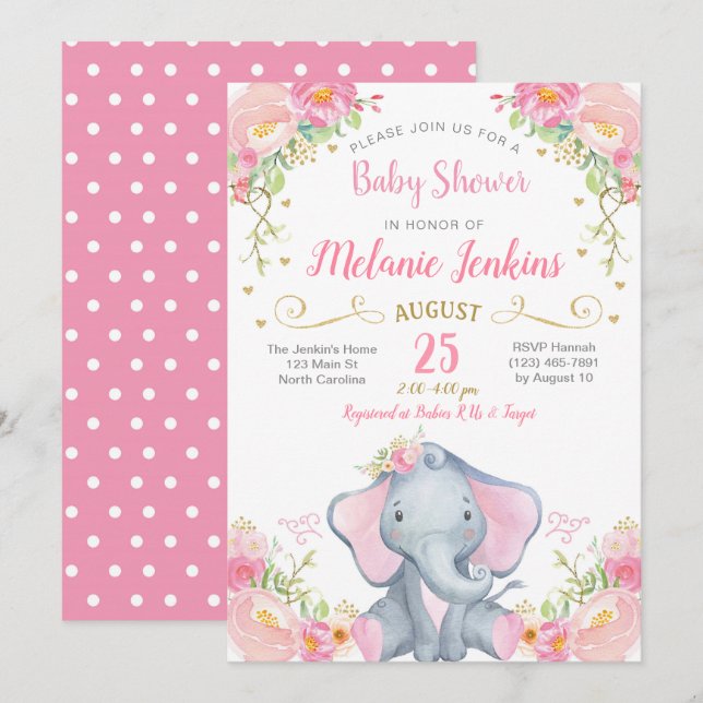 Invitation de baby shower d'éléphant de fille (Devant / Derrière)
