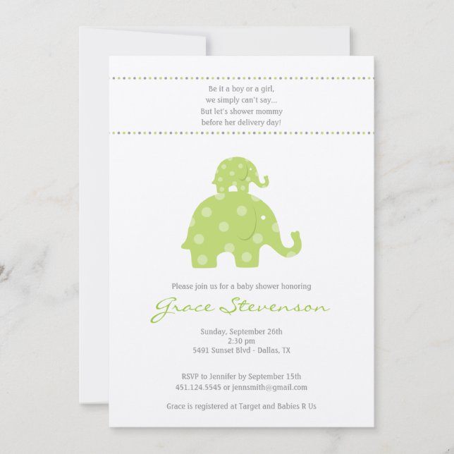 Invitation de baby shower d'éléphant de maman et (Devant)