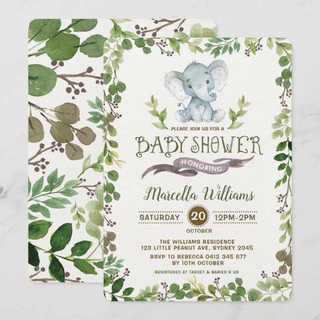 Invitation de baby shower d'éléphant de verdure (Devant / Derrière)