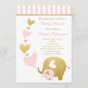 Invitation de baby shower d'éléphant en rose et or