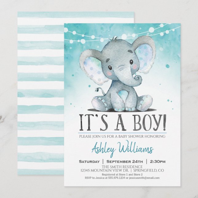 Invitation de Baby shower d'éléphant garçon (Devant / Derrière)