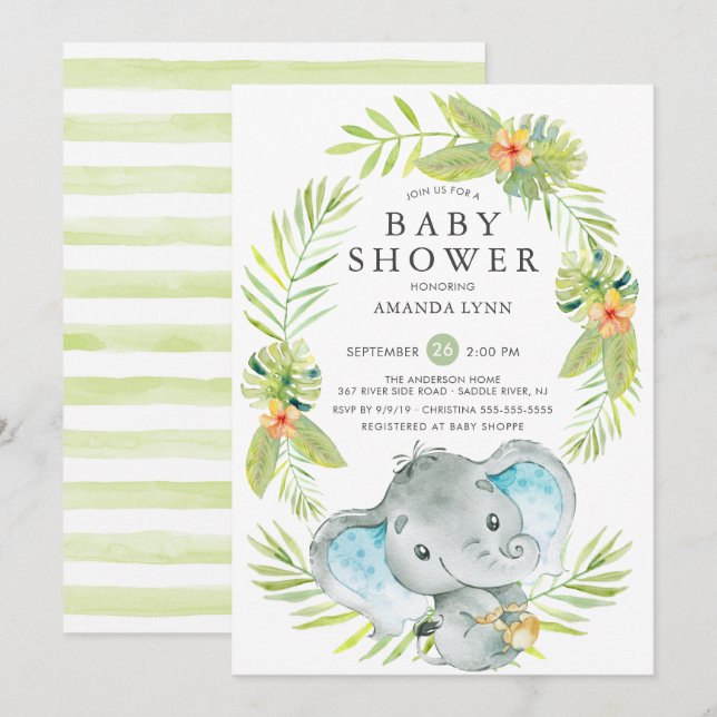 Invitation de Baby shower d'éléphant garçon (Devant / Derrière)