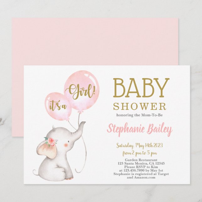 Invitation de Baby shower d'éléphant rose (Devant / Derrière)