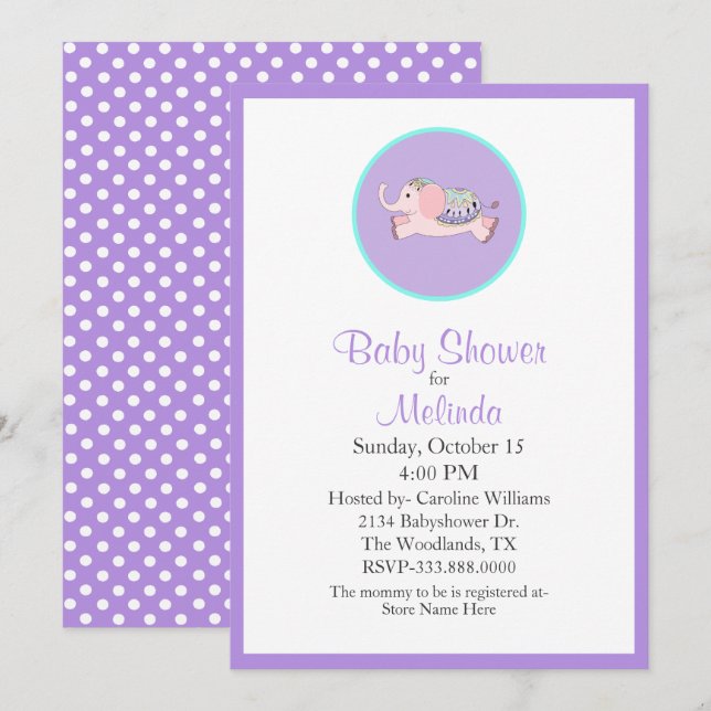 Invitation de Baby shower d'éléphant rose doux (Devant / Derrière)
