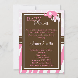 Invitation de Baby shower d'éléphant rose vertical