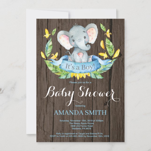 Invitation de Baby shower d'éléphant rustique (Devant)