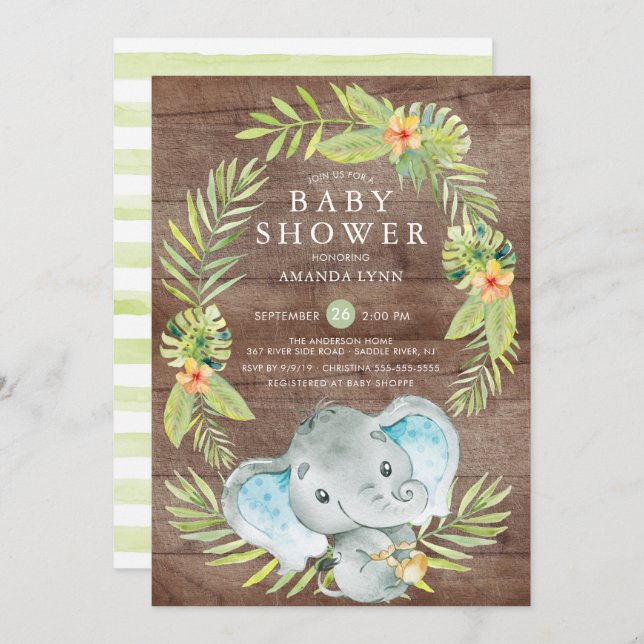 Invitation de Baby shower d'éléphant rustique (Devant / Derrière)
