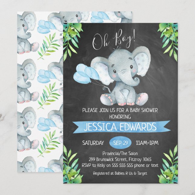 Invitation de Baby shower d'éléphants de Chalkboar (Devant / Derrière)